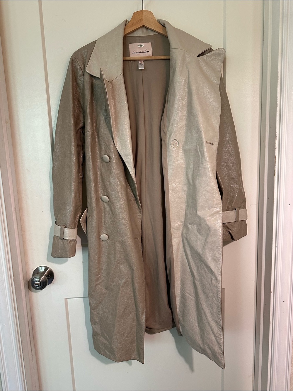 Hutch Two-Tone Beige Taupe Leather Trench Coat